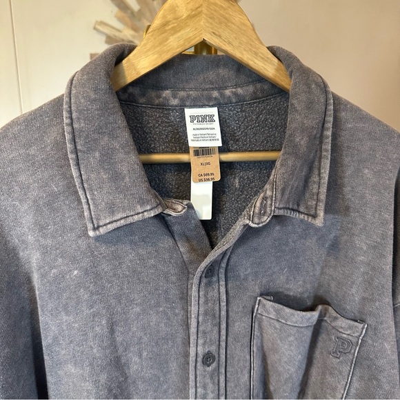 PINK Victoria's Secret Oversized Gray Button-Up Shacket Shirt size XL NWT - Picture 2 of 4